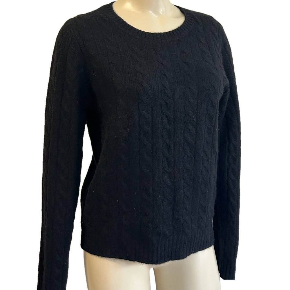 EVELYN GRACE 100% Cashmere preppy black cable knit Sweater SZ LARGE